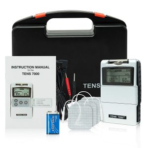 The Tens 7000 unit and everything that is included with purchase. A hard black protective case, a manual on the unit and how to use tens, 1 9 Volt heavy duty tens cell battery, 1 set of leadwires for the unit, and 1 pack of 4 electrodes.