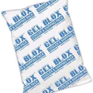 White pack with blue writing of Gel Blox™ Cooler and Shipping Pack, The 6” x 9” size, non-toxic and reusable gel refrigerant pack designed for cold transport and storage of perishable items, shown in a durable, leak-proof, puncture-resistant pouch.