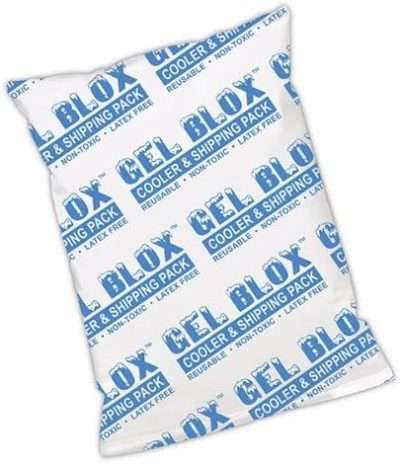 White pack with blue writing of Gel Blox™ Cooler and Shipping Pack, The 6” x 9” size, non-toxic and reusable gel refrigerant pack designed for cold transport and storage of perishable items, shown in a durable, leak-proof, puncture-resistant pouch.